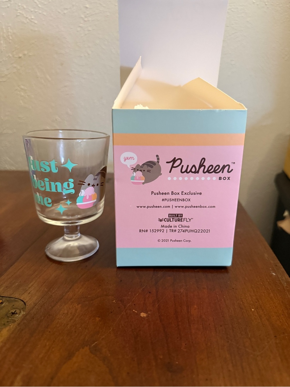Pusheen Teal and Pink Dessert Glass with Pusheen Box Art